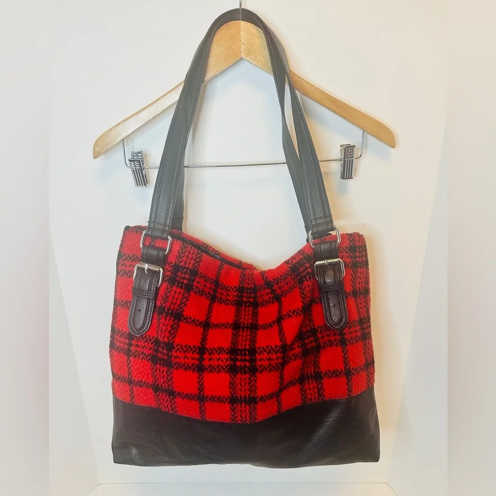 BUENO Large Red and Black Buffalo Plaid Flannel and Black Vegan Leather Tote Bag